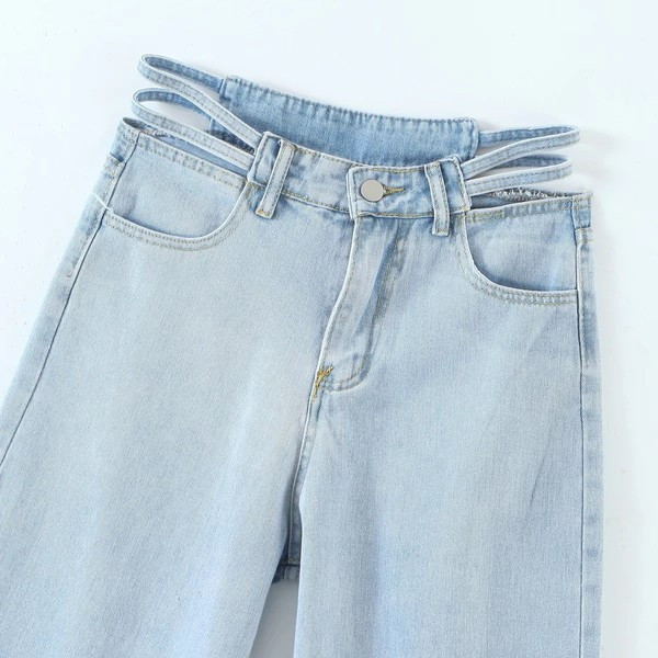 Vasaras sieviešu džinsi ar izgrieztiem vidukļa motīviem