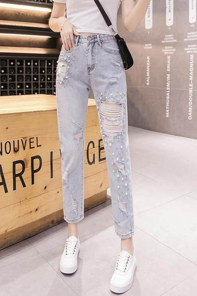 Blugi de dama cu motive rupte si perle