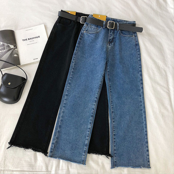 Blugi de dama model drept cu talie inalta si curea