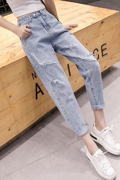 Ikdienas sieviešu džinsi ar augstu vidukli - zilā krāsā