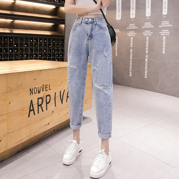 Ikdienas sieviešu džinsi ar augstu vidukli - zilā krāsā