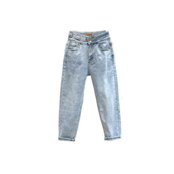 Sieviešu moderni džinsi ar augstu vidukli - zilā krāsā