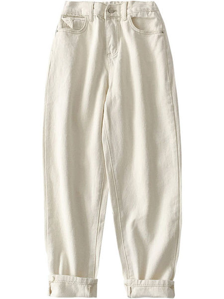 Sieviešu platie džinsi ar kabatām un pogu