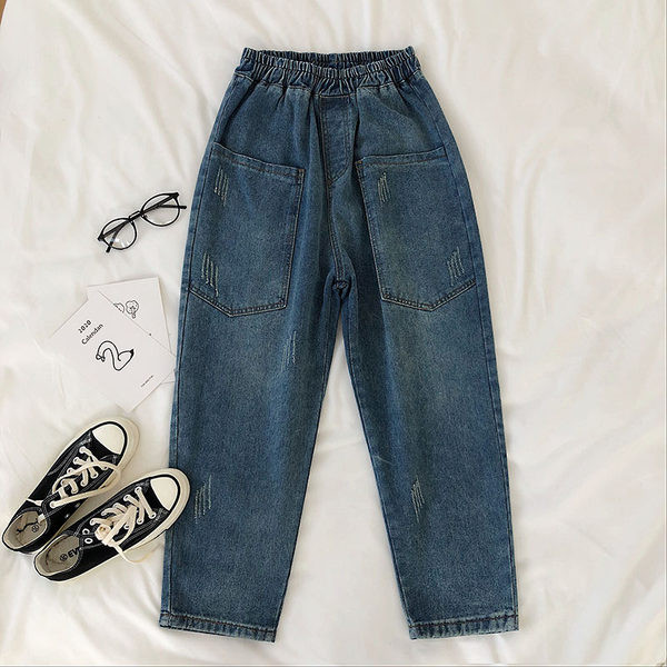 Casual γυναικεία τζιν με ελαστική μέση και τσέπες