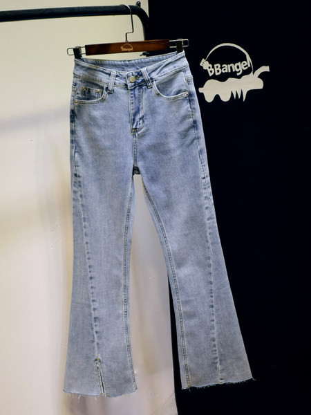 Blugi casual de dama cu crapaturi si talie inalta in albastru