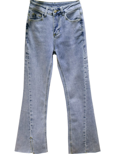 Blugi casual de dama cu crapaturi si talie inalta in albastru