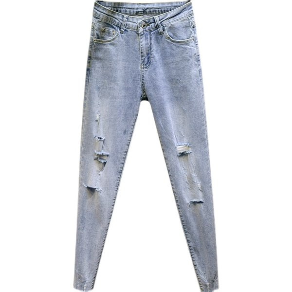 Sieviešu džinsi ar augstu vidukli un plēstiem motīviem - zilā krāsā