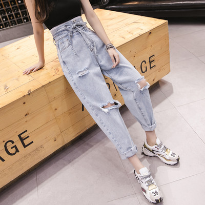 Γυναικείο τζιν παντελόνι με κορδόνια στη μέση