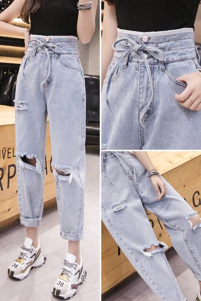 Γυναικείο τζιν παντελόνι με κορδόνια στη μέση