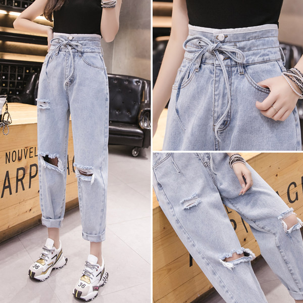 Γυναικείο τζιν παντελόνι με κορδόνια στη μέση