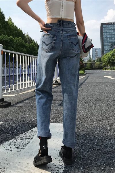 Blugi casual model uni cu talie inalta si picioare late