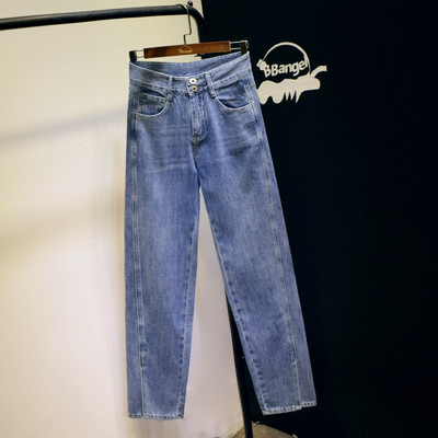 Sieviešu džinsi ar augstu vidukli zilā krāsā - taisns modelis