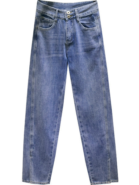 Sieviešu džinsi ar augstu vidukli zilā krāsā - taisns modelis