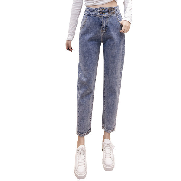 Sieviešu džinsu taisns modelis ar augstu vidukli - un metāla pogām