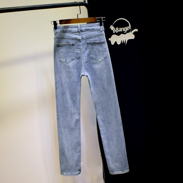 Model nou de pantaloni de dama cu talie inalta din denim albastru