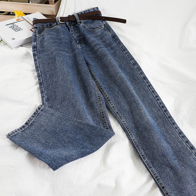 Taisna modeļa sieviešu džinsa bikses ar plānu jostiņu