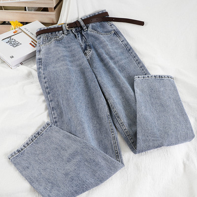 Taisna modeļa sieviešu džinsa bikses ar plānu jostiņu