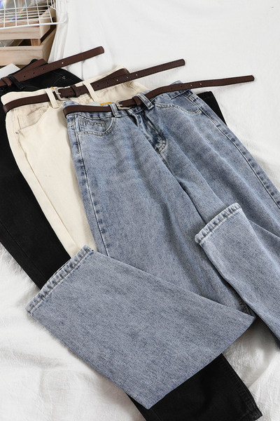 Taisna modeļa sieviešu džinsa bikses ar plānu jostiņu