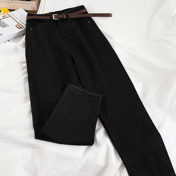 Taisna modeļa sieviešu džinsa bikses ar plānu jostiņu