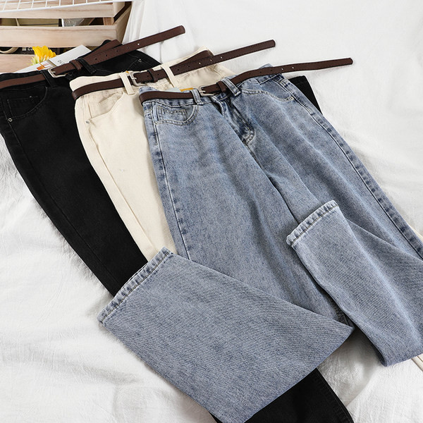 Taisna modeļa sieviešu džinsa bikses ar plānu jostiņu