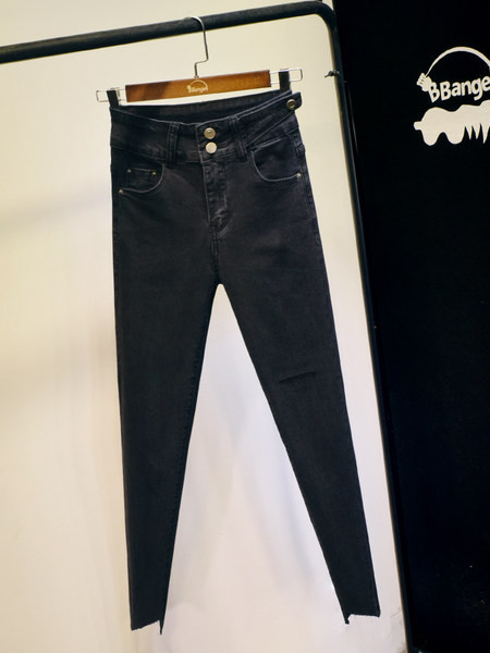 Blugi casual de dama cu talie inalta si motive rupte in negru