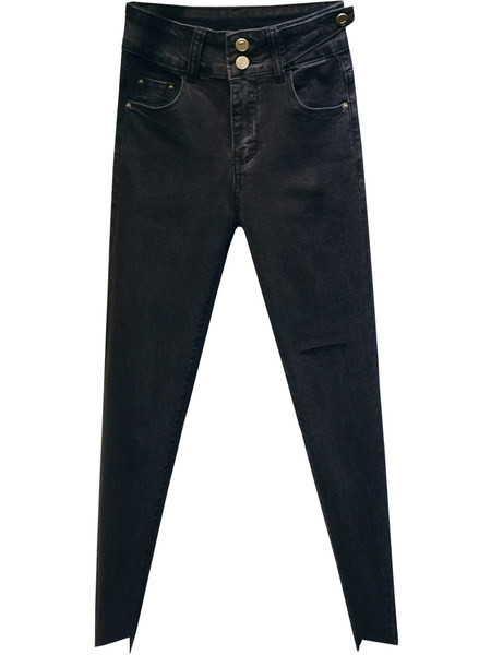 Blugi casual de dama cu talie inalta si motive rupte in negru