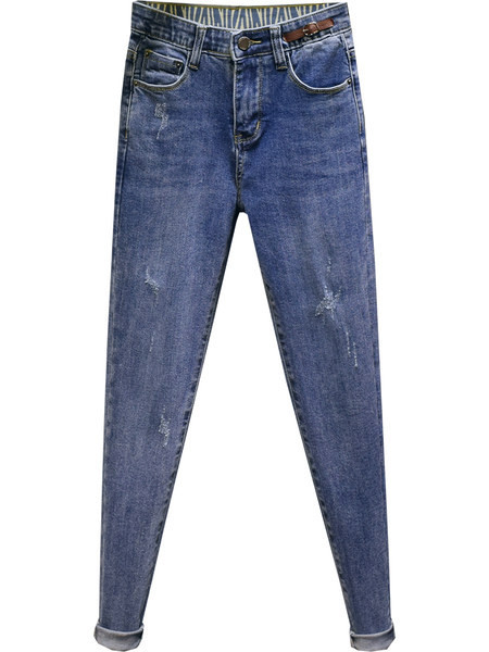 Ikdienas sieviešu džinsi ar augstu vidukli un emblēmu zilā krāsā