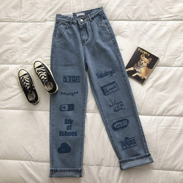 Blugi de dama cu talie inalta si aplicatie