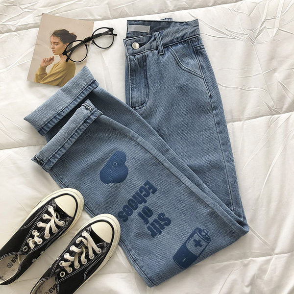 Blugi de dama cu talie inalta si aplicatie