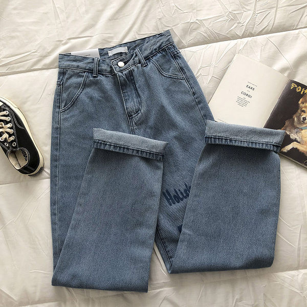 Blugi de dama cu talie inalta si aplicatie