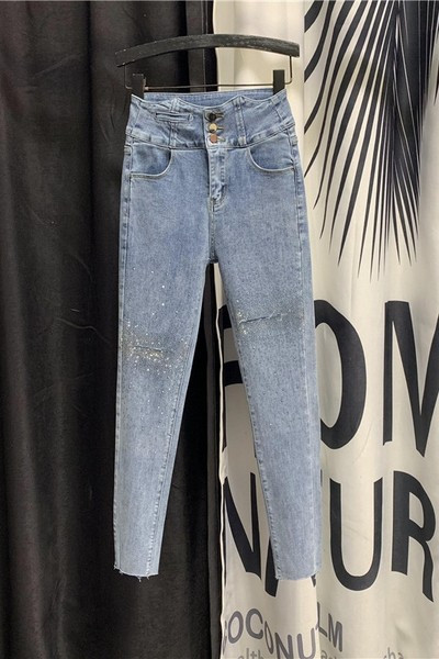 Blugi de dama cu talie inalta si elemente stralucitoare