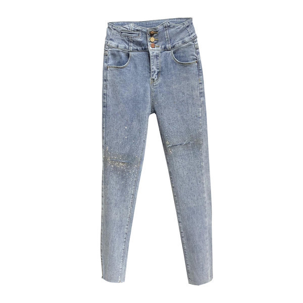 Blugi de dama cu talie inalta si elemente stralucitoare