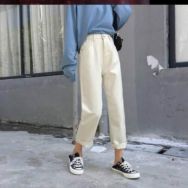 Blugi de primăvară deasupra gleznei cu talie înaltă în două culori