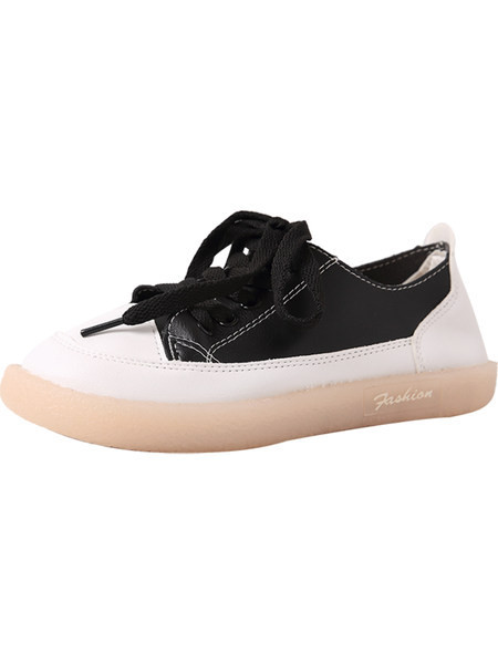 Tenisi casual dama cu sireturi din material textil alb si negru