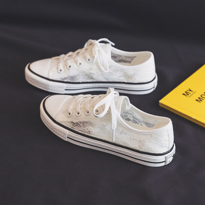 Tenisi dama cu sireturi si dantela in alb si negru