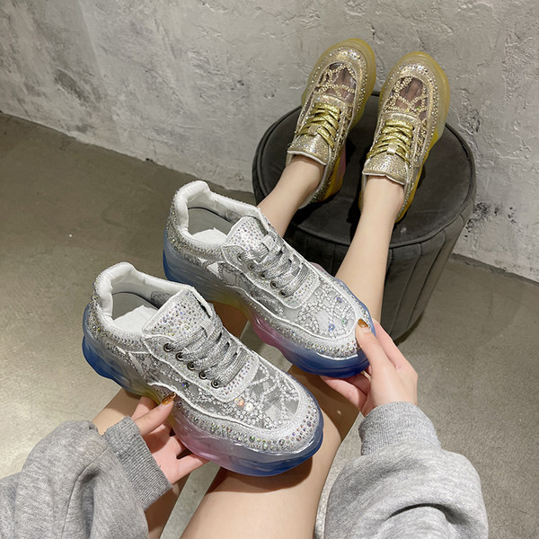 Adidasi moderni de dama cu pietre si talpa colorata