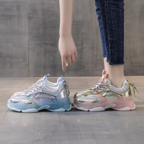 Adidasi de dama cu efect stralucitor in albastru si roz