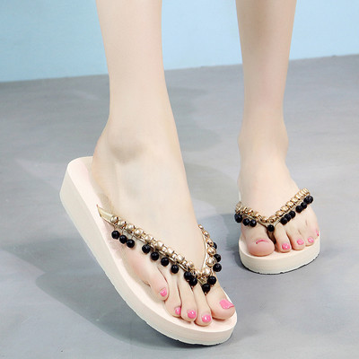 Șlapi damă cu platformă și decor cu mărgele