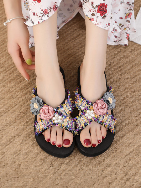 Papuci casual dama cu element 3D si perle in doua culori