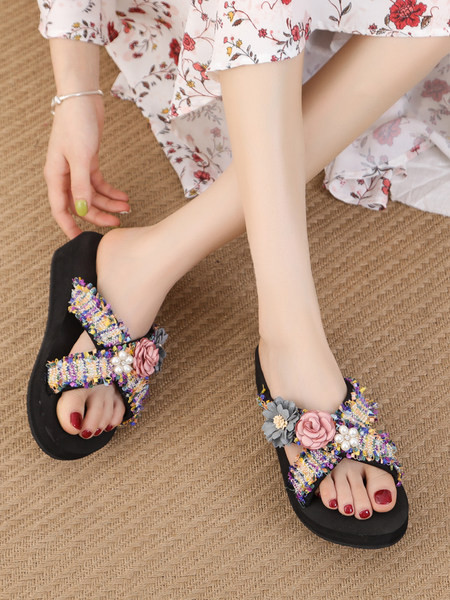 Papuci casual dama cu element 3D si perle in doua culori