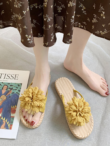 Sieviešu ikdienas čības ar 3D ziedu un plakanu zoli