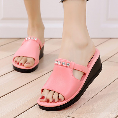 Papuci de dama din piele cu decor si platforma in mai multe culori