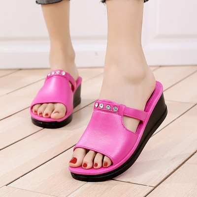 Papuci de dama din piele cu decor si platforma in mai multe culori