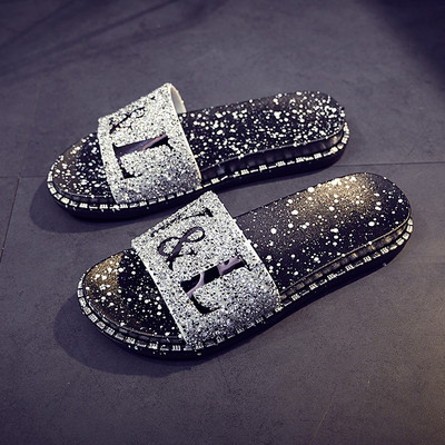 Sieviešu ikdienas čības ar spīdīgu efektu un uzrakstu trīs krāsās