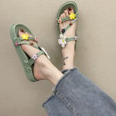 Papuci de damă cu talpă plată și flori 3D