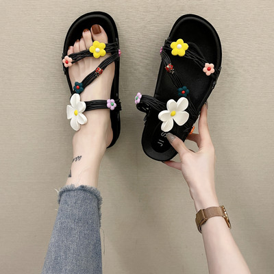 Papuci de damă cu talpă plată și flori 3D