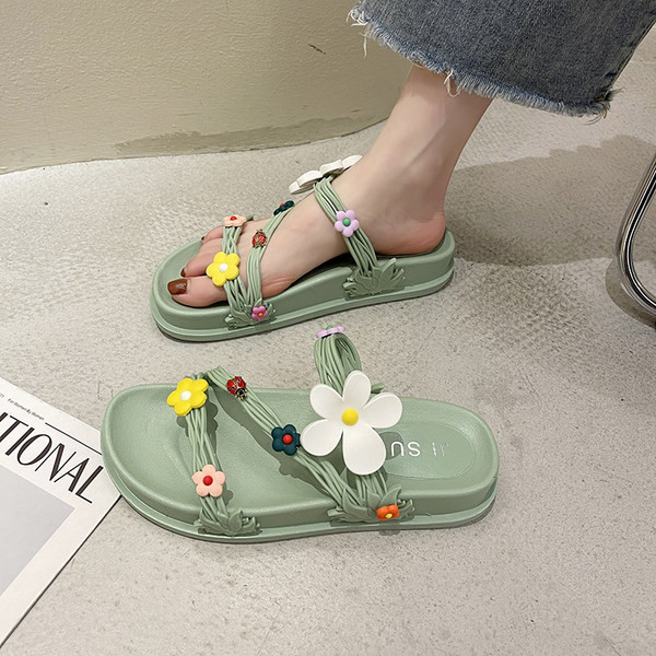 Papuci de damă cu talpă plată și flori 3D