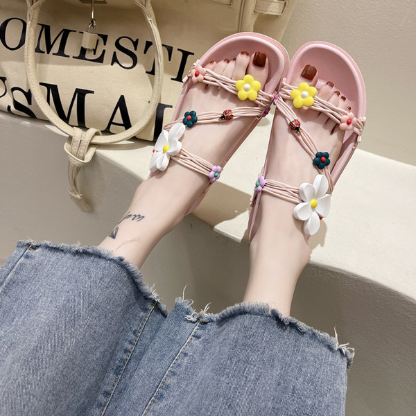 Papuci de damă cu talpă plată și flori 3D