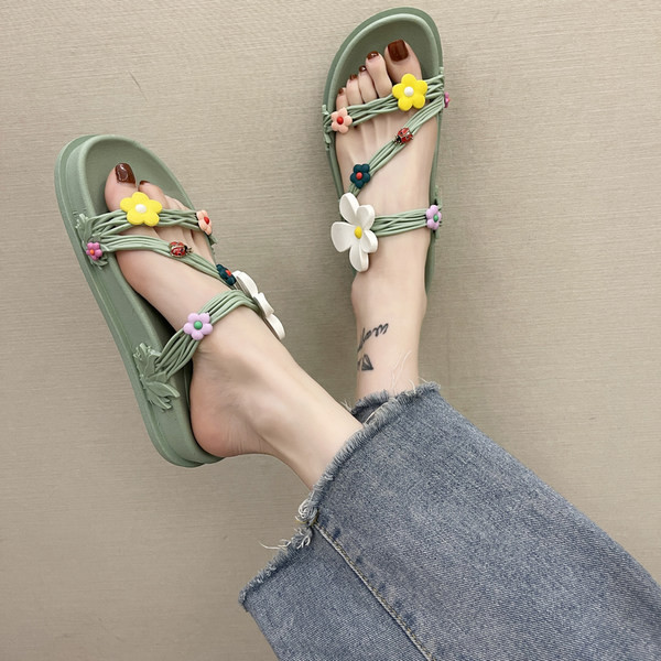 Papuci de damă cu talpă plată și flori 3D