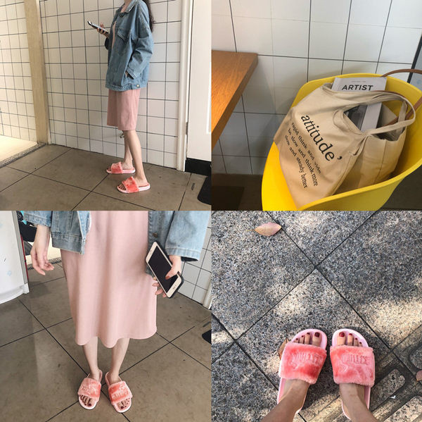 Model nou de papuci de damă din puf cu broderie în culorile gri, roz și negru